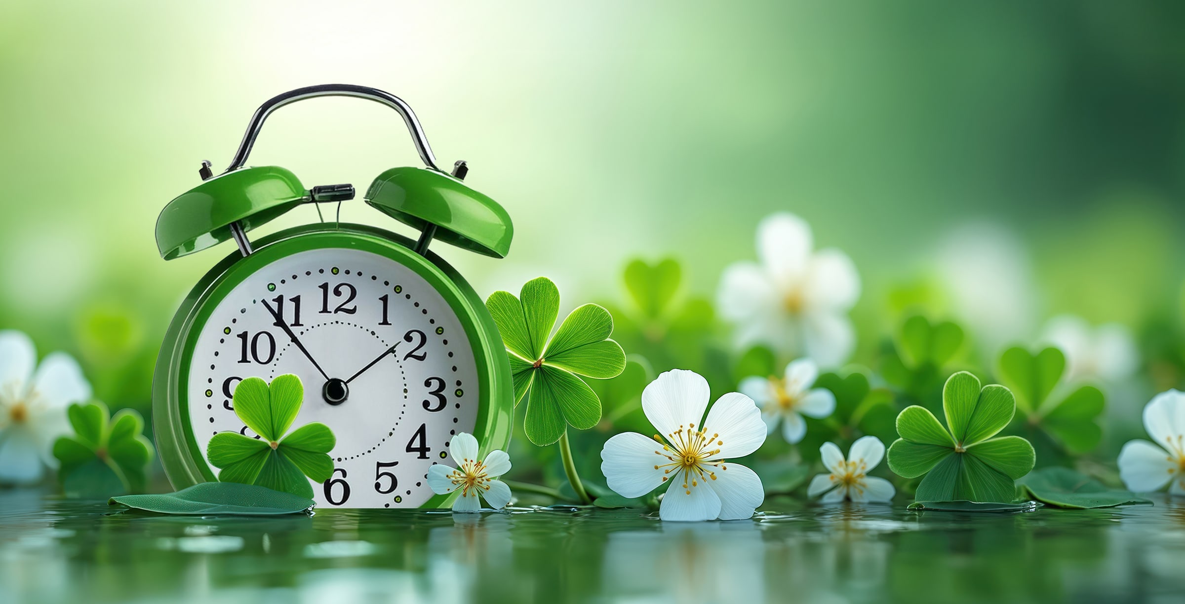 There’s Still Time to Enroll March Alarm clock in a field of 4 leaf clovers.