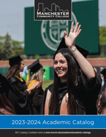 Academic catalog cover image of happy graduating female student.